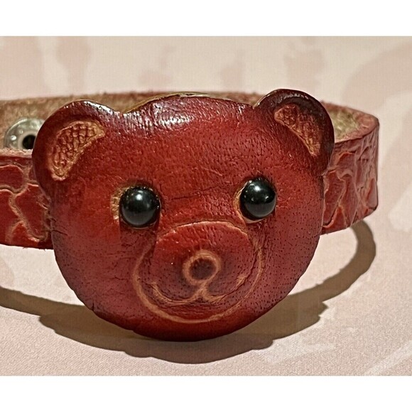 Red Leather Teddy Bear Face Bracelet Boho Floral Tooled Embossed Southwestern - Picture 2 of 12